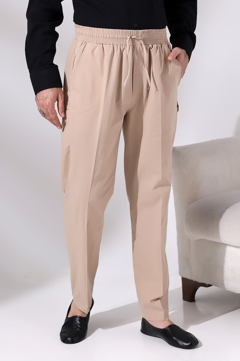 Men's Beige Çınar Beach Side Pocket Casual Cut Elastic Waist Cargo Shalwar Trousers - 3