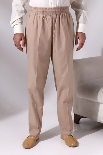 Men's Beige Çınar Casual Cut Elastic Waist Hajj and Umrah Linen Shalwar Trousers - 2