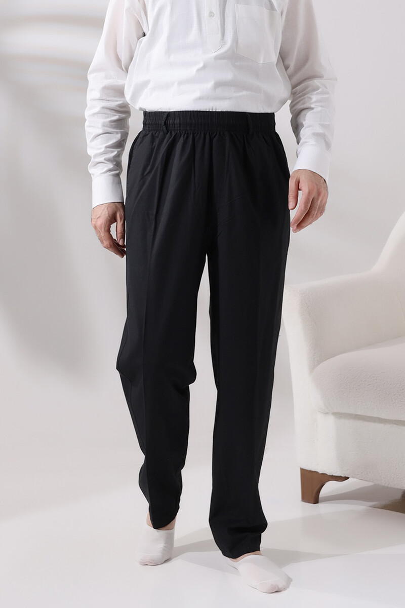 Men's Black Casual Cut Elastic Waist Linen Hajj and Umrah Shalwar Trousers - 1