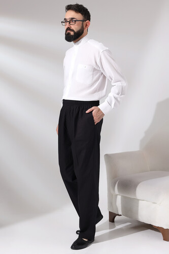 Men's Black Çınar Casual Cut Elastic Waist Hajj and Umrah Linen Shalwar Trousers - 5