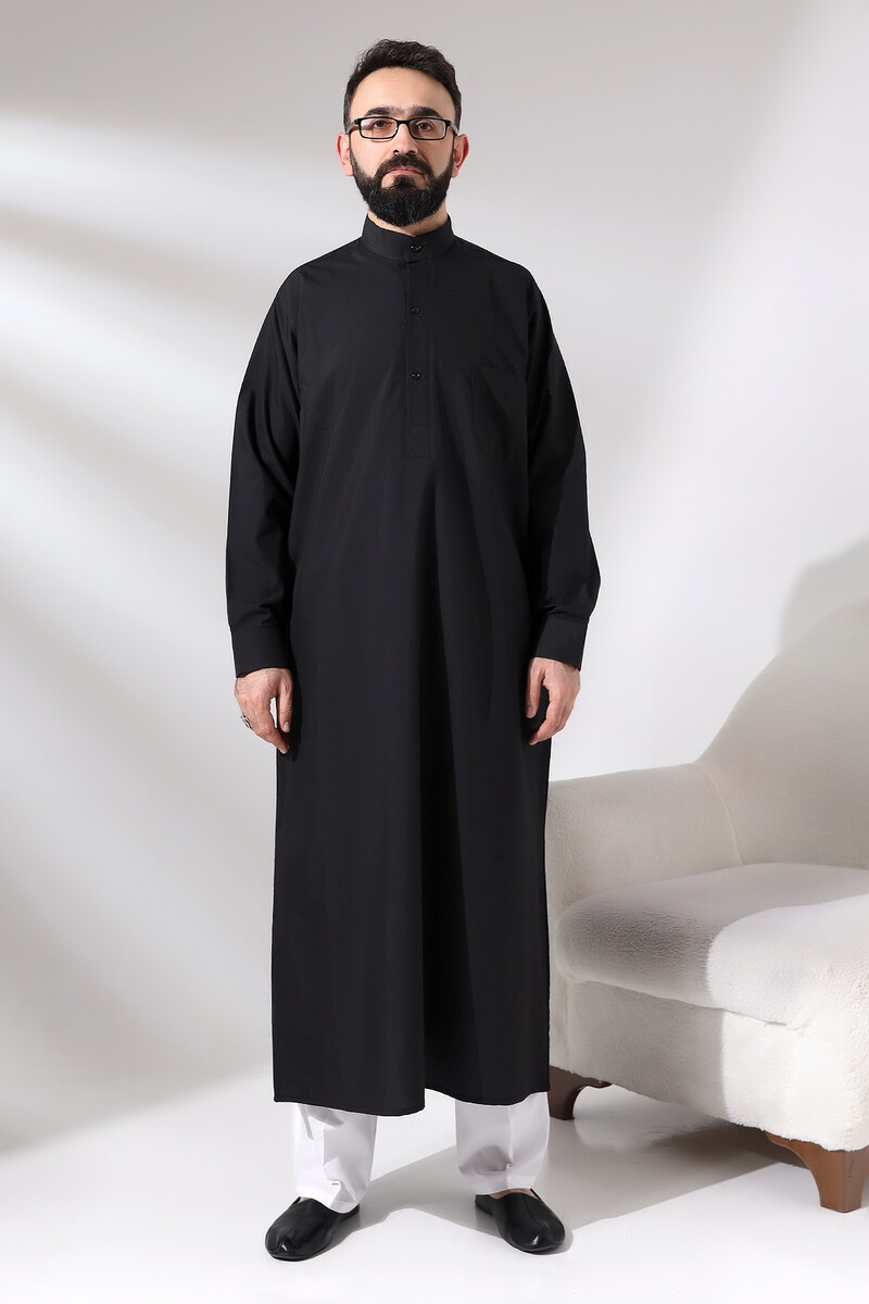 Men's Black Plane Hajj and Umrah Clothing Tall Long Dagron Fabric Fistan - 1