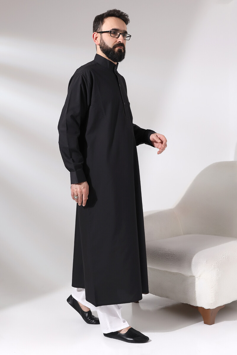 Men's Black Plane Hajj and Umrah Clothing Tall Long Dagron Fabric Fistan - 2