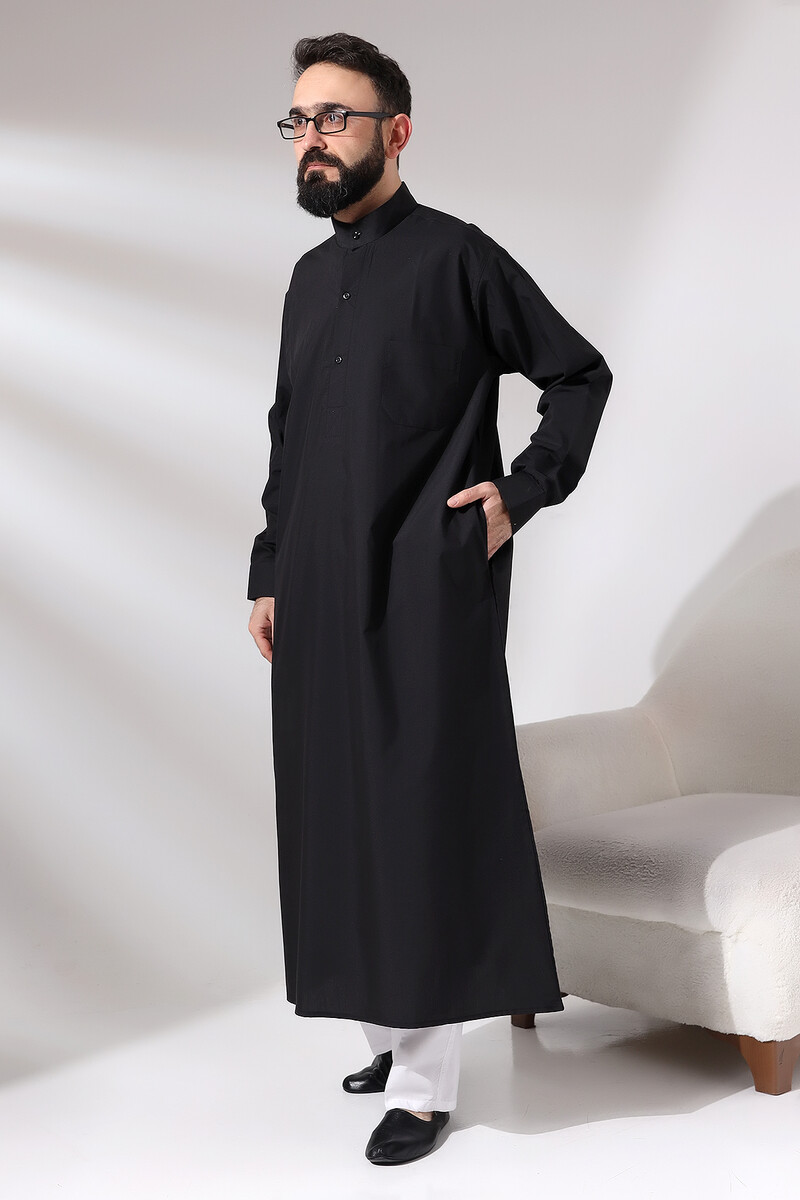 Men's Black Plane Hajj and Umrah Clothing Tall Long Dagron Fabric Fistan - 3