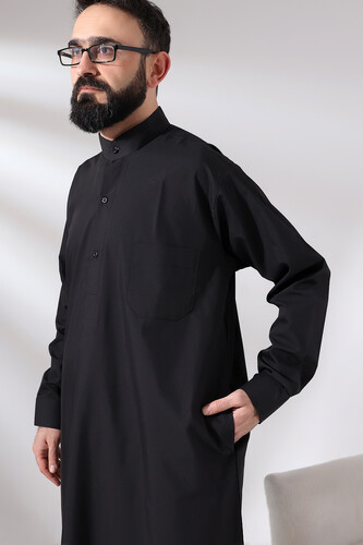 Men's Black Plane Hajj and Umrah Clothing Tall Long Dagron Fabric Fistan - 4