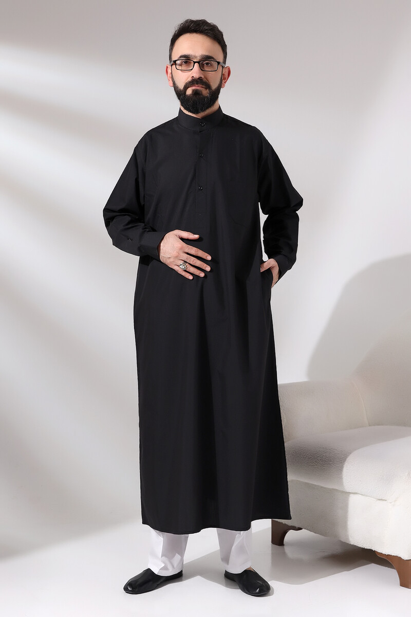 Men's Black Plane Hajj and Umrah Clothing Tall Long Dagron Fabric Fistan - 6