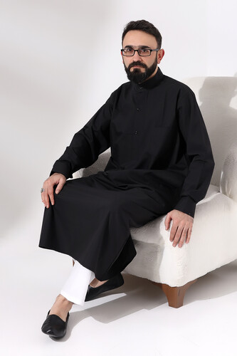 Men's Black Plane Hajj and Umrah Clothing Tall Long Dagron Fabric Fistan - 7