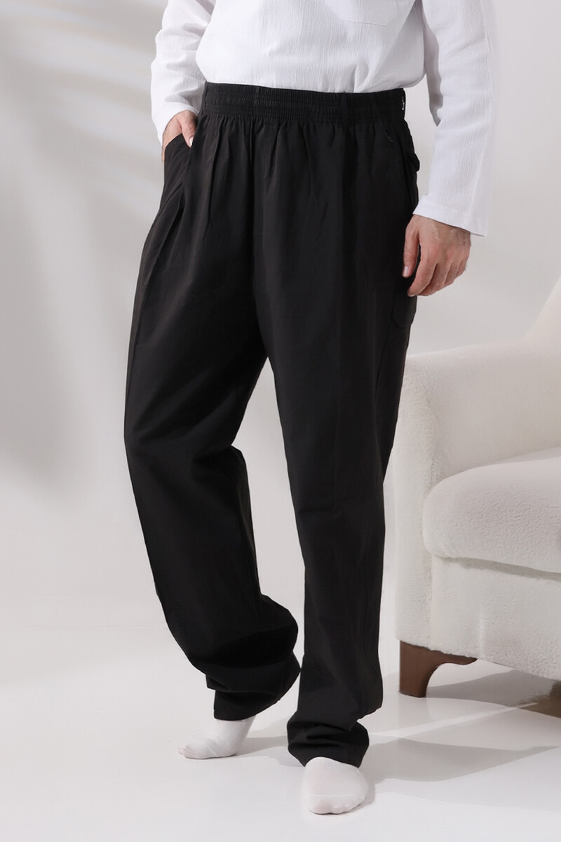 Men's Black Side Pocket Comfortable Cut Elastic Waist Cargo Hajj and Umrah Shalwar Trousers - 1