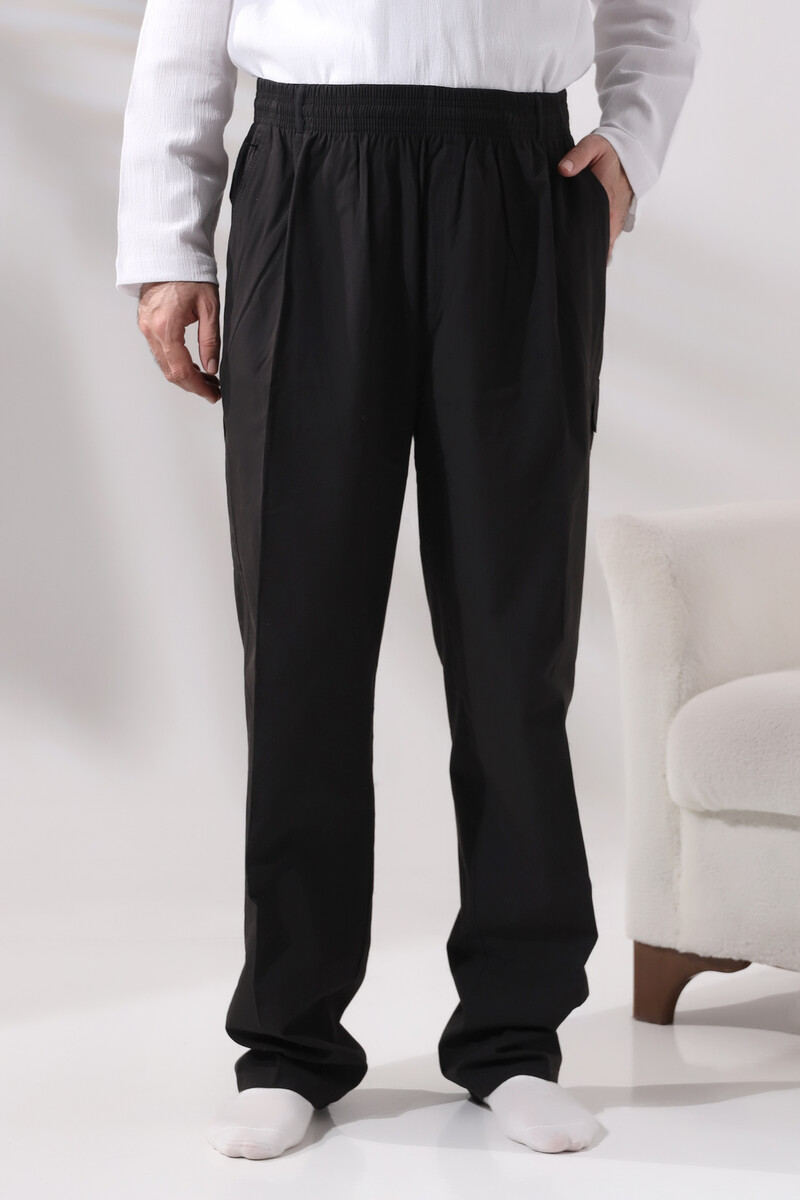 Men's Black Side Pocket Comfortable Cut Elastic Waist Cargo Hajj and Umrah Shalwar Trousers - 3