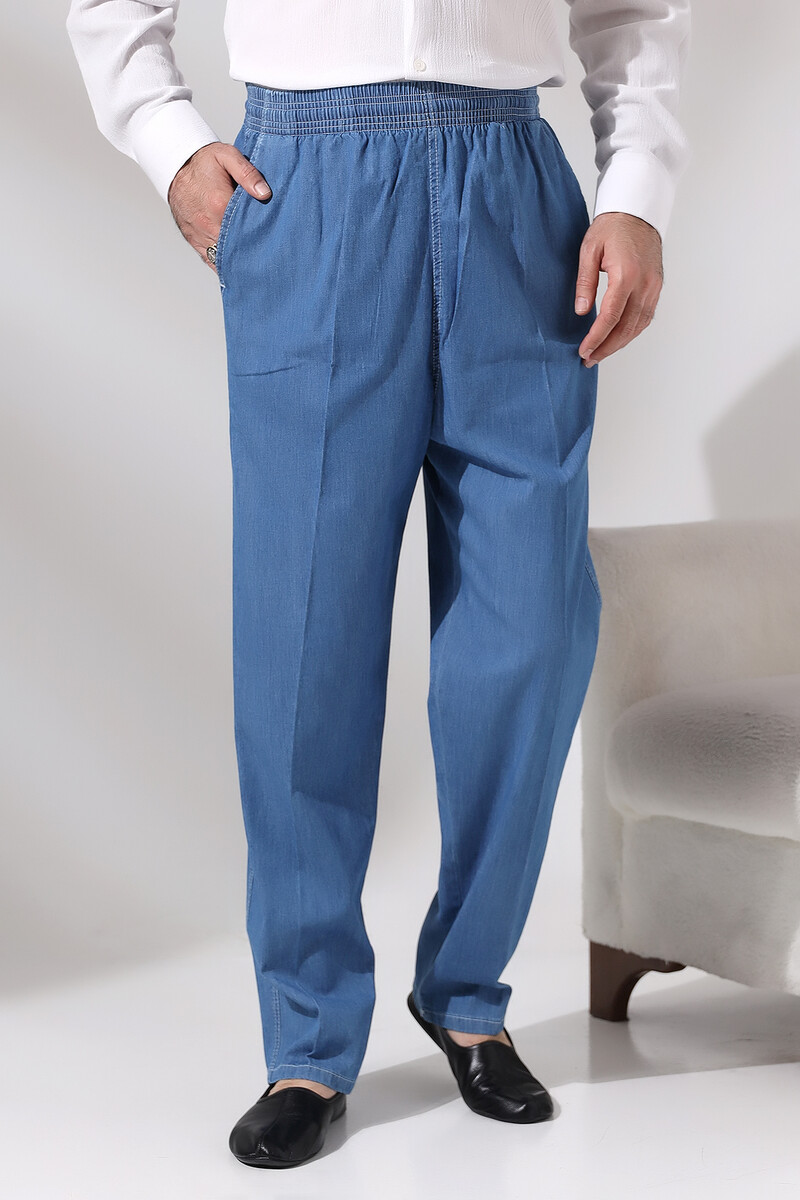 Men's Blue Plane Tree Elastic Waist Casual Cut Denim Shalwar Trousers - 1