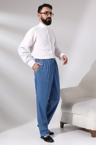 Men's Blue Plane Tree Elastic Waist Casual Cut Denim Shalwar Trousers - 4