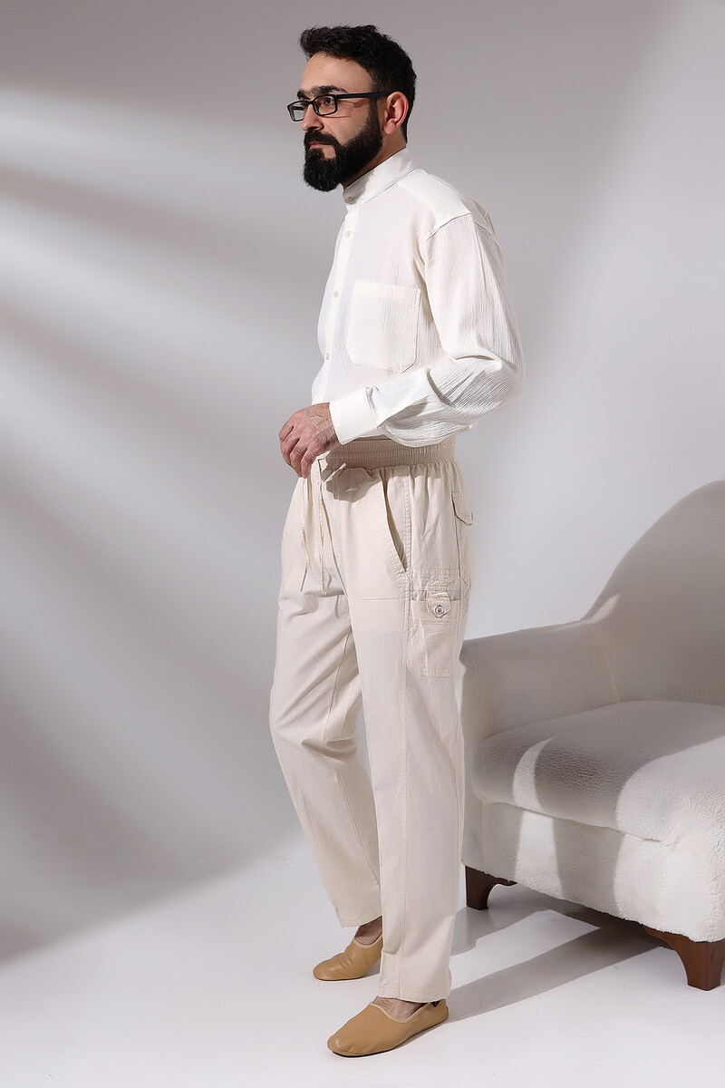 Men's Cream Çınar Beach Side Pocket Relaxed Cut Cargo Shalwar Trousers with Elastic Waist - 2