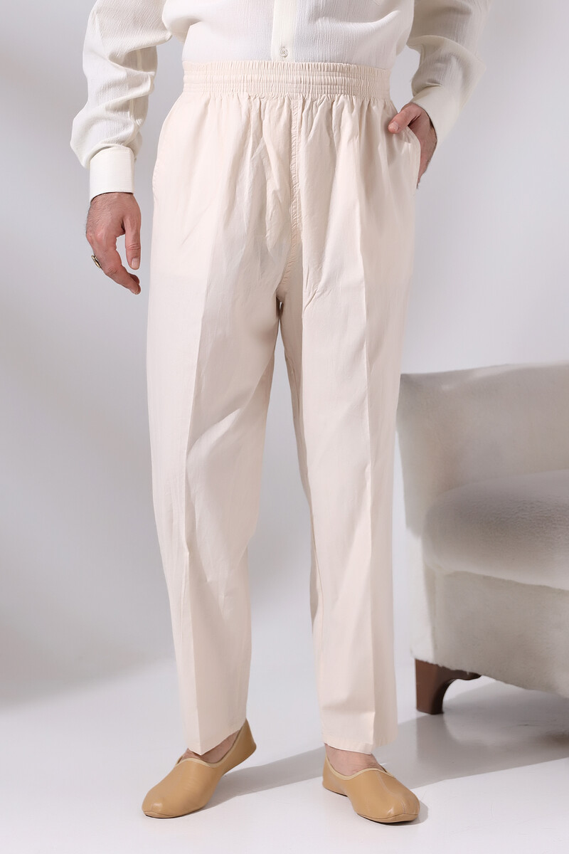 Men's Cream Çınar Casual Cut Elastic Waist Hajj and Umrah Linen Shalwar Trousers - 2