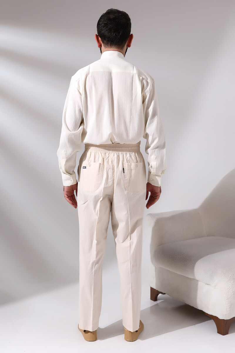 Men's Cream Çınar Casual Cut Elastic Waist Hajj and Umrah Linen Shalwar Trousers - 6