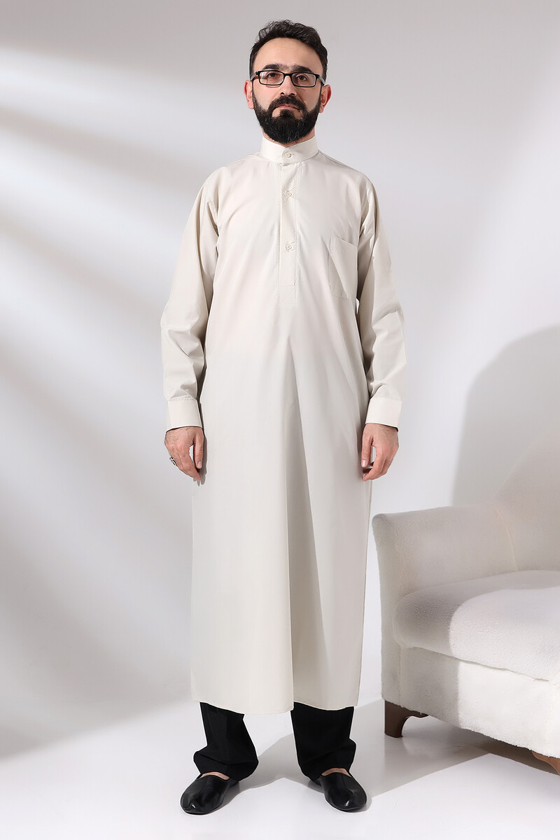 Men's Cream Plane Hajj and Umrah Clothing Tall Long Dagron Fabric Fistan - 1