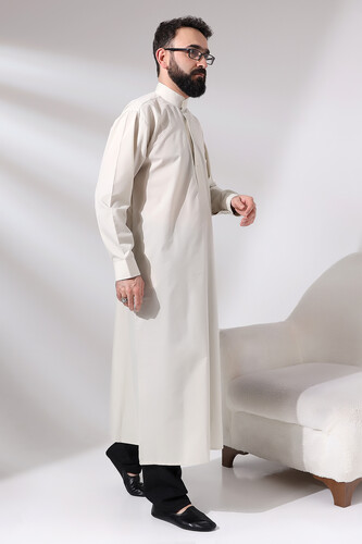 Men's Cream Plane Hajj and Umrah Clothing Tall Long Dagron Fabric Fistan - 2