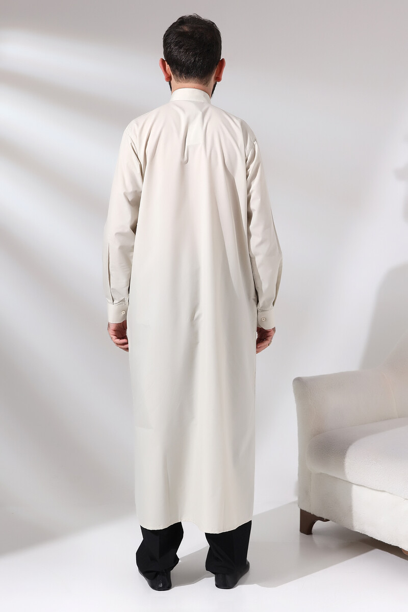 Men's Cream Plane Hajj and Umrah Clothing Tall Long Dagron Fabric Fistan - 3