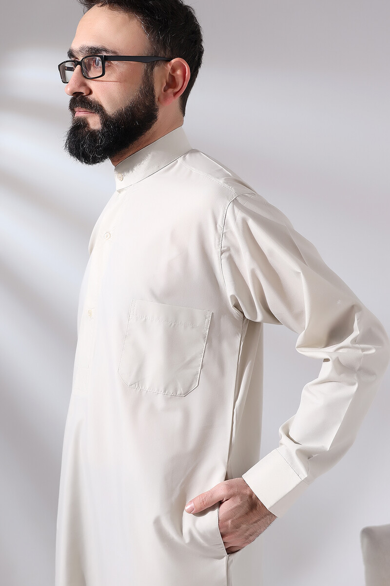 Men's Cream Plane Hajj and Umrah Clothing Tall Long Dagron Fabric Fistan - 4