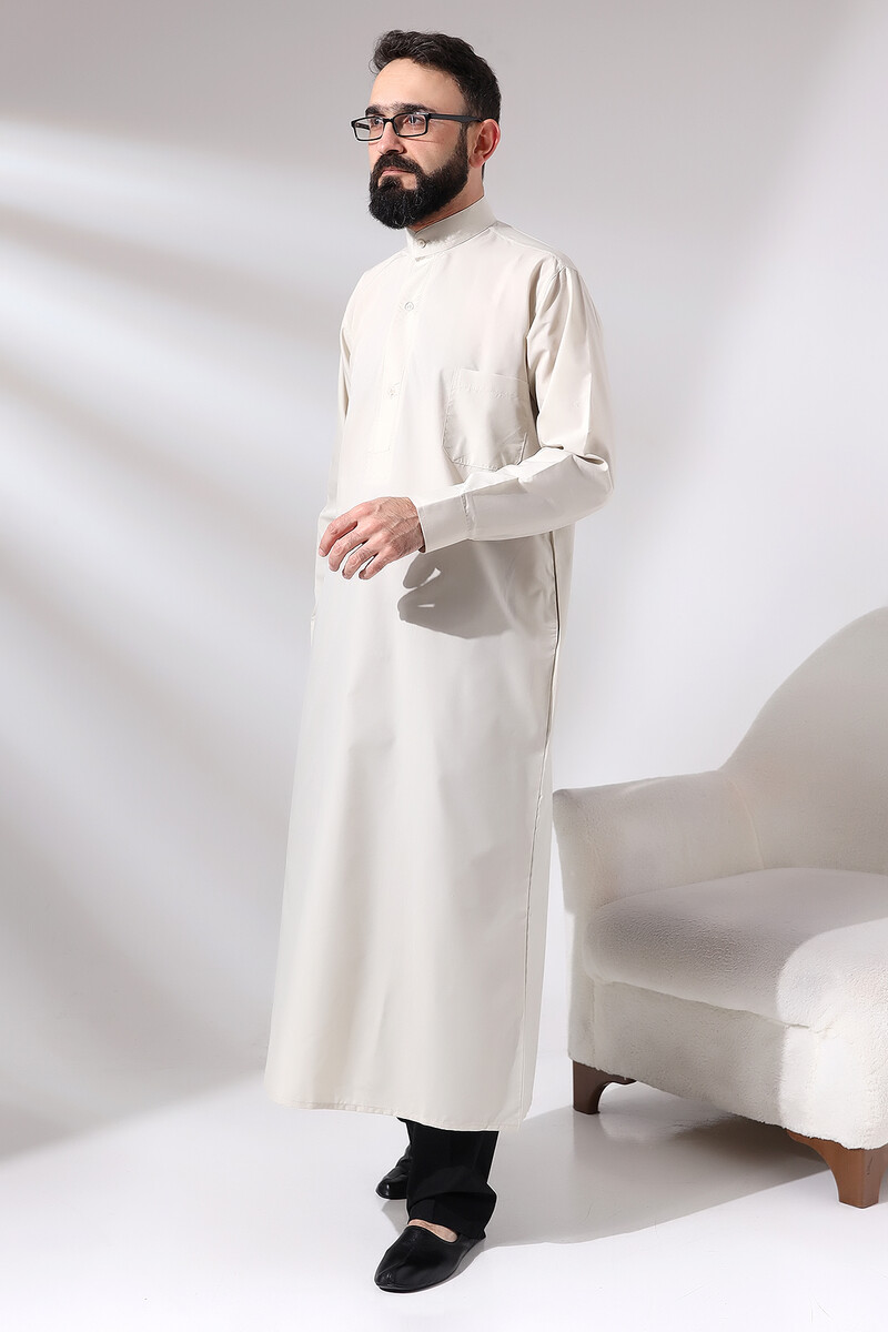 Men's Cream Plane Hajj and Umrah Clothing Tall Long Dagron Fabric Fistan - 5