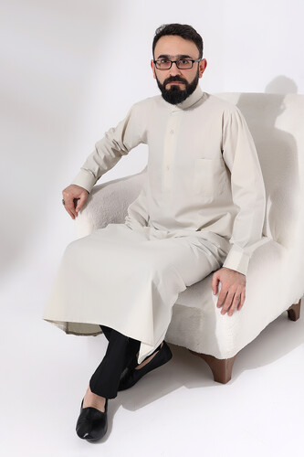 Men's Cream Plane Hajj and Umrah Clothing Tall Long Dagron Fabric Fistan - 7