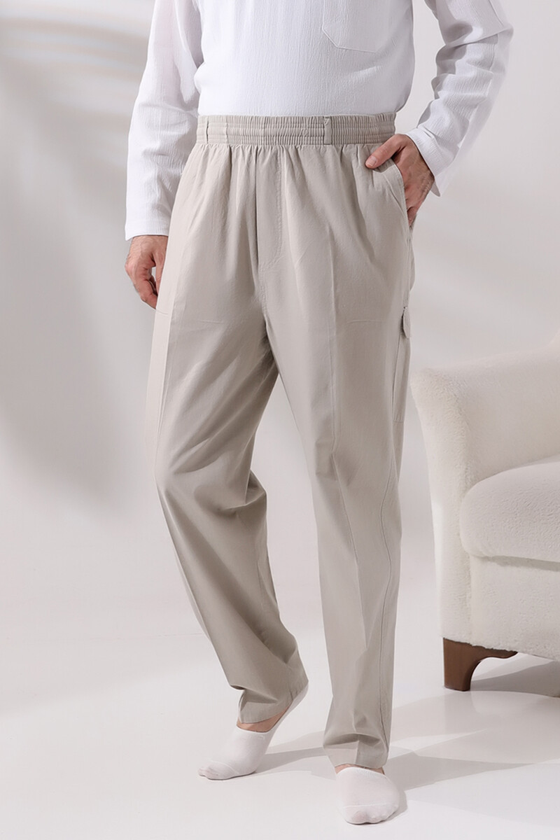 Men's Cream Side Pocket Comfortable Cut Elastic Waist Cargo Hajj and Umrah Shalwar Trousers - 1