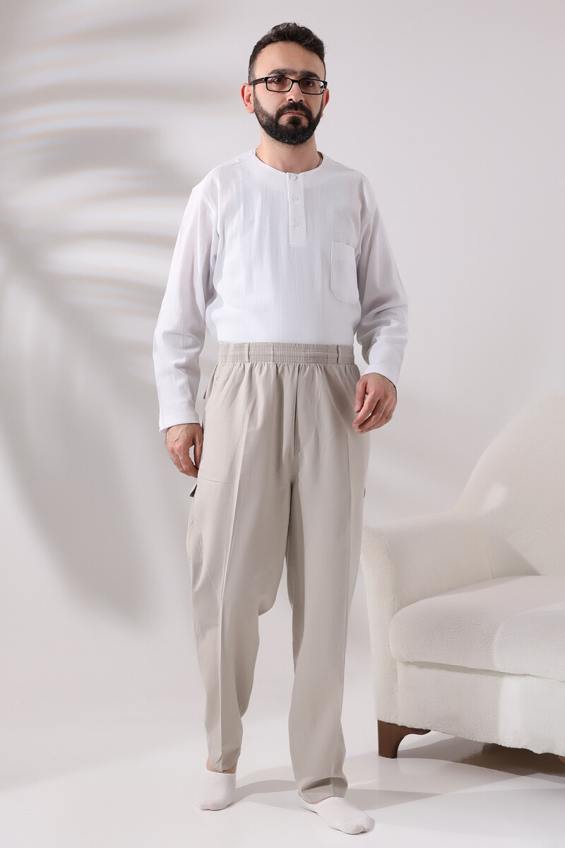 Men's Cream Side Pocket Comfortable Cut Elastic Waist Cargo Hajj and Umrah Shalwar Trousers - 2