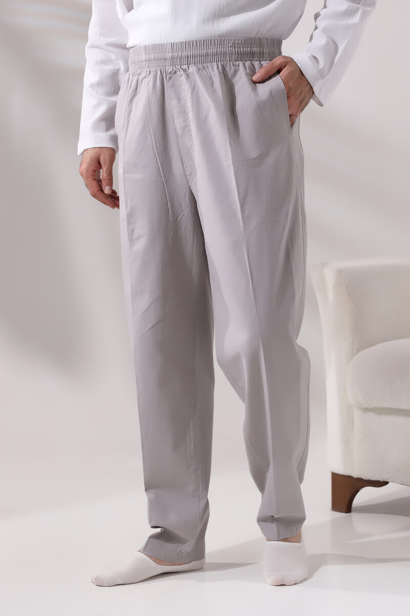 Men's Dark Gray Relaxed Cut Linen Hajj and Umrah Shalwar Trousers with Elastic Waist - 1