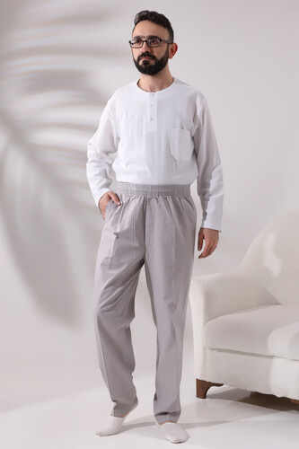 Men's Dark Gray Relaxed Cut Linen Hajj and Umrah Shalwar Trousers with Elastic Waist - 7