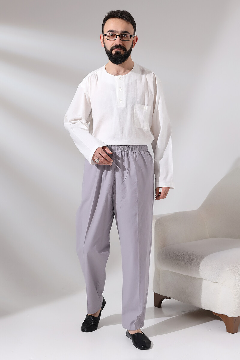 Men's Gray Çınar Relaxed Cut Elastic Waist Hajj and Umrah Linen Shalwar Trousers - 4