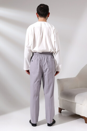 Men's Gray Çınar Relaxed Cut Elastic Waist Hajj and Umrah Linen Shalwar Trousers - 6