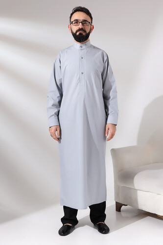 Men's Gray Plane Hajj and Umrah Clothing Long Dagron Fabric Fistan - 1