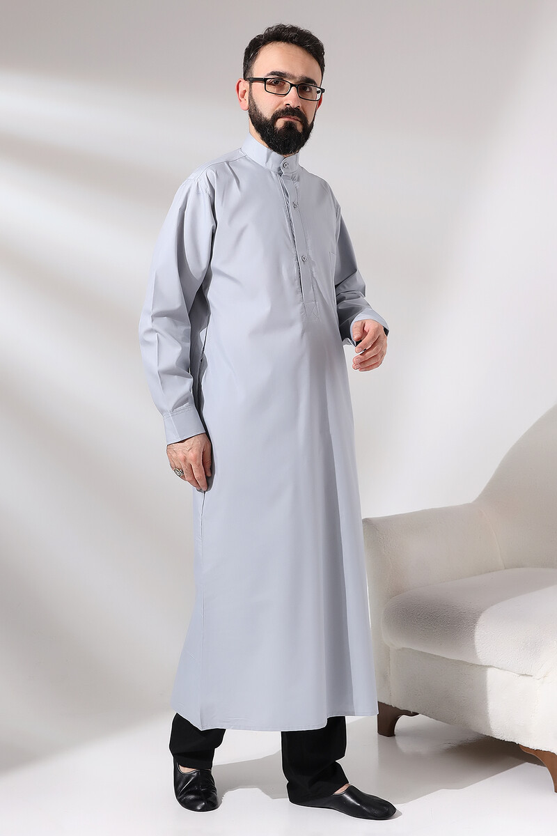 Men's Gray Plane Hajj and Umrah Clothing Long Dagron Fabric Fistan - 3