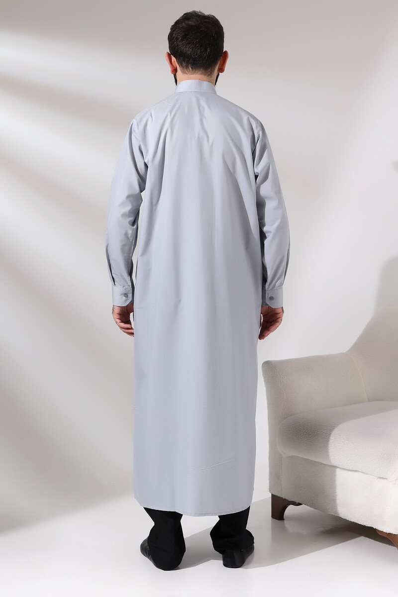 Men's Gray Plane Hajj and Umrah Clothing Long Dagron Fabric Fistan - 4