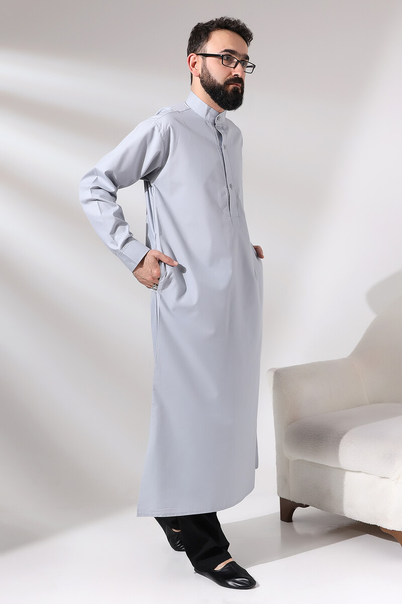 Men's Gray Plane Hajj and Umrah Clothing Long Dagron Fabric Fistan - 5