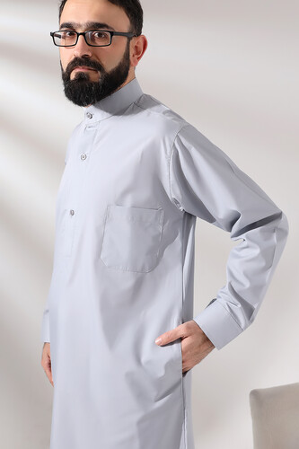 Men's Gray Plane Hajj and Umrah Clothing Long Dagron Fabric Fistan - 6