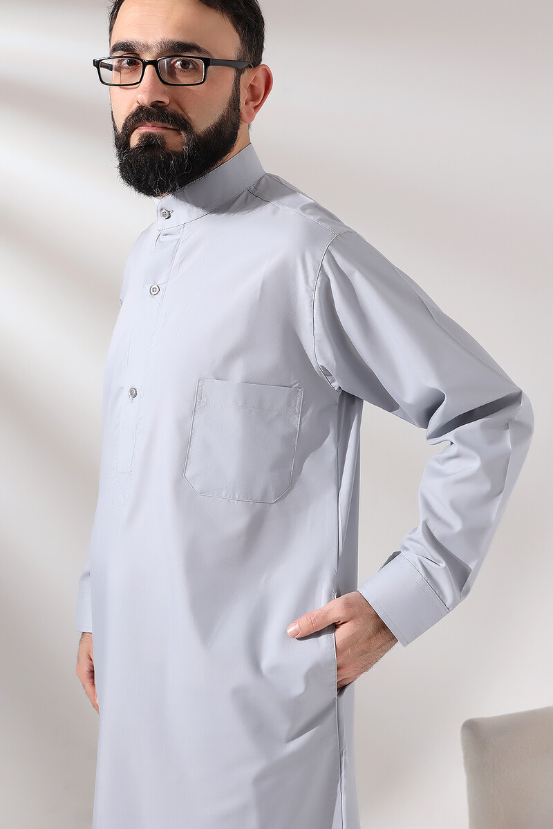 Men's Gray Plane Hajj and Umrah Clothing Long Dagron Fabric Fistan - 6