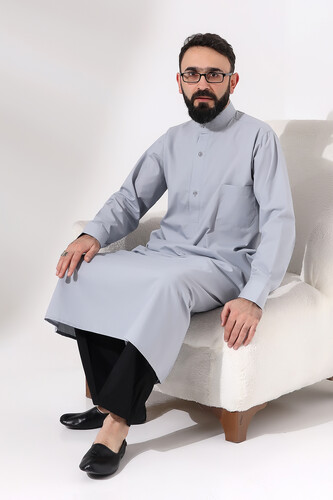 Men's Gray Plane Hajj and Umrah Clothing Long Dagron Fabric Fistan - 7