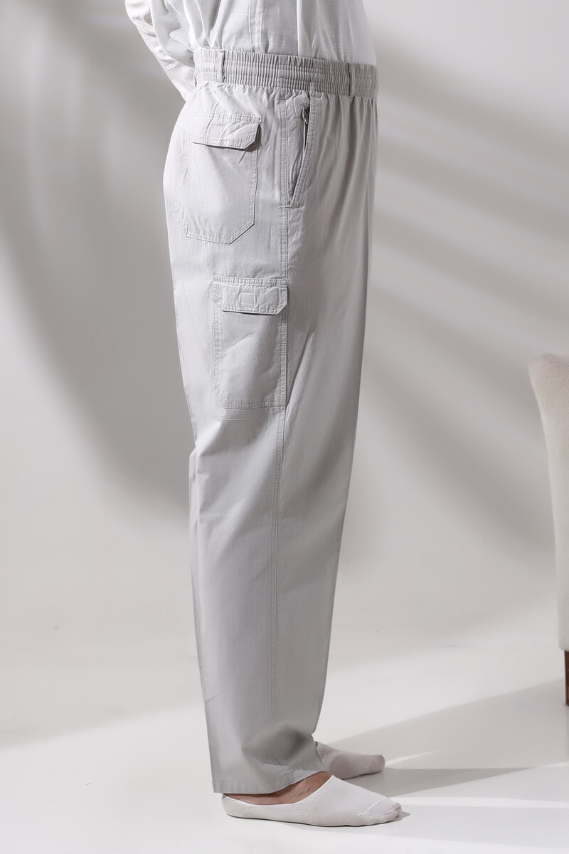 Men's Gray Side Pocket Relaxed Cut Elastic Waist Cargo Hajj and Umrah Shalwar Trousers - 4