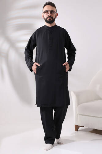 Men's Hajj and Umrah Clothing Double Bottom Top Afghan Suit Black - 1