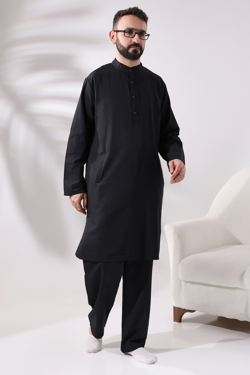 Men's Hajj and Umrah Clothing Double Bottom Top Afghan Suit Black - 2