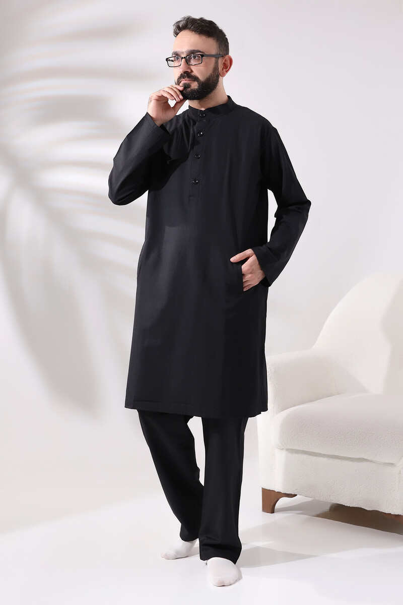 Men's Hajj and Umrah Clothing Double Bottom Top Afghan Suit Black - 3