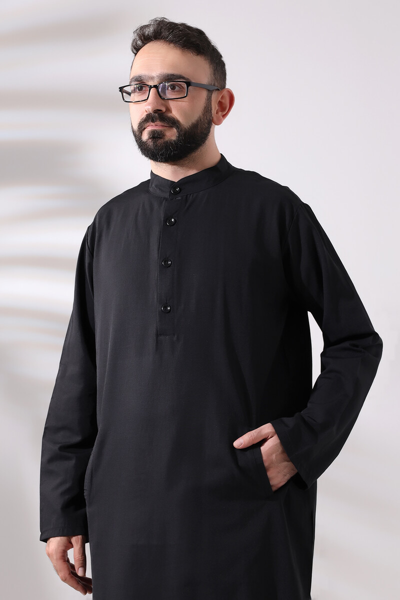 Men's Hajj and Umrah Clothing Double Bottom Top Afghan Suit Black - 4