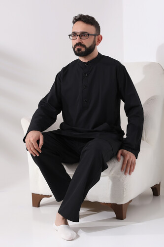 Men's Hajj and Umrah Clothing Double Bottom Top Afghan Suit Black - 5