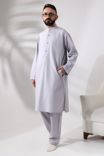 Men's Hajj and Umrah Clothing Double Bottom Top Afghan Suit Gray - 1