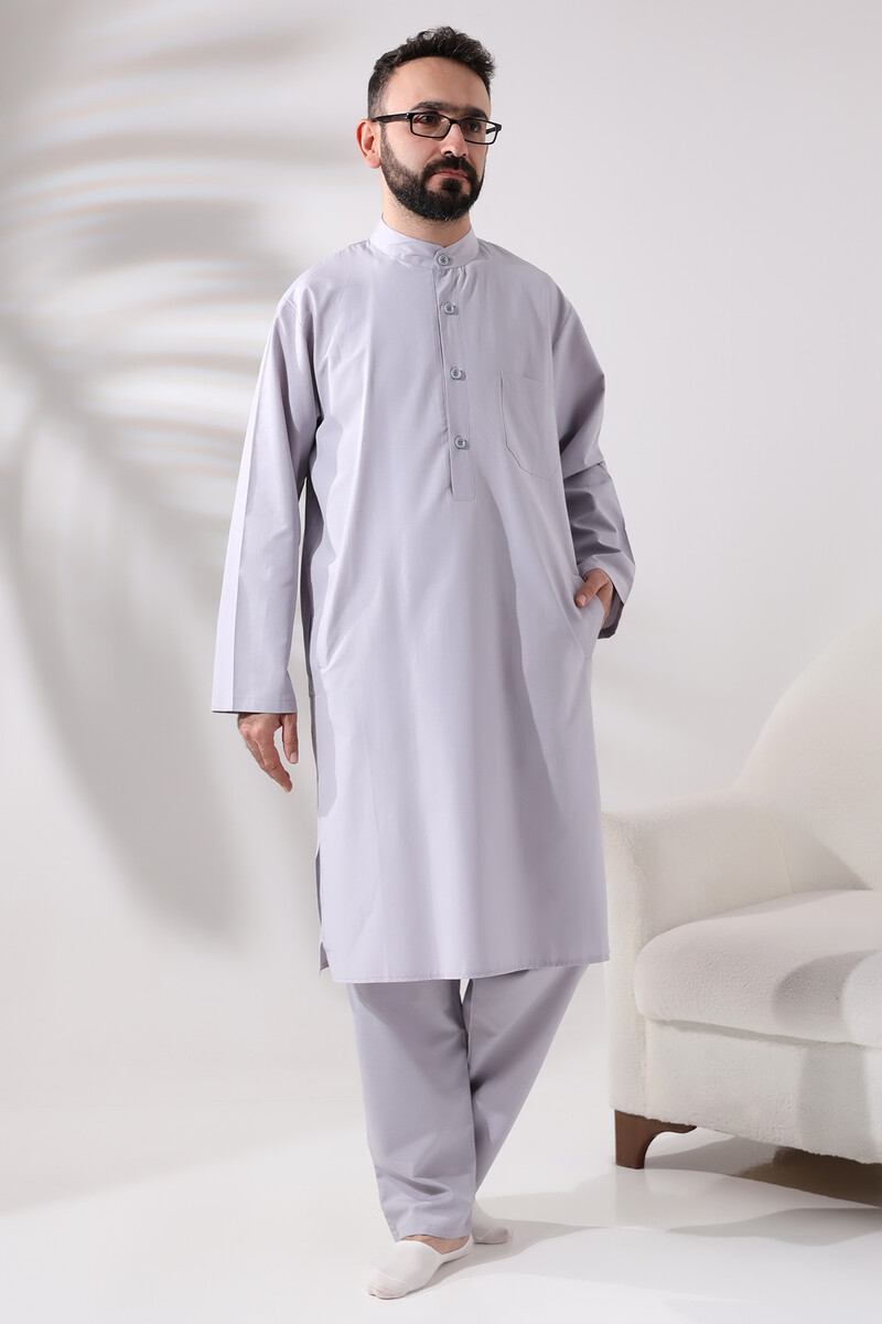 Men's Hajj and Umrah Clothing Double Bottom Top Afghan Suit Gray - 2