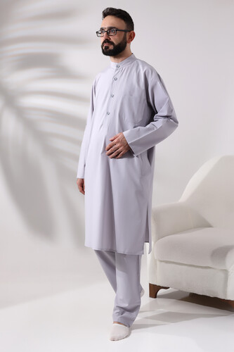 Men's Hajj and Umrah Clothing Double Bottom Top Afghan Suit Gray - 3