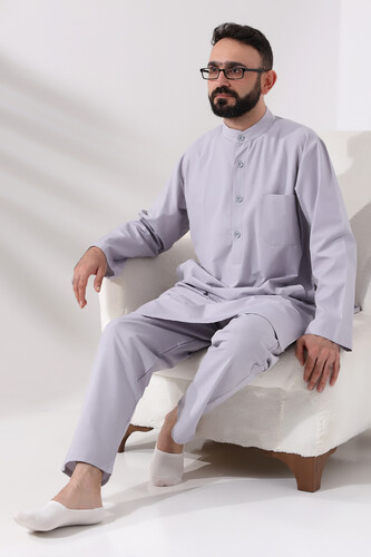 Men's Hajj and Umrah Clothing Double Bottom Top Afghan Suit Gray - 5