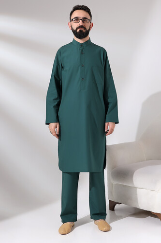 Men's Hajj and Umrah Clothing Double Bottom Top Afghan Suit Green - 1