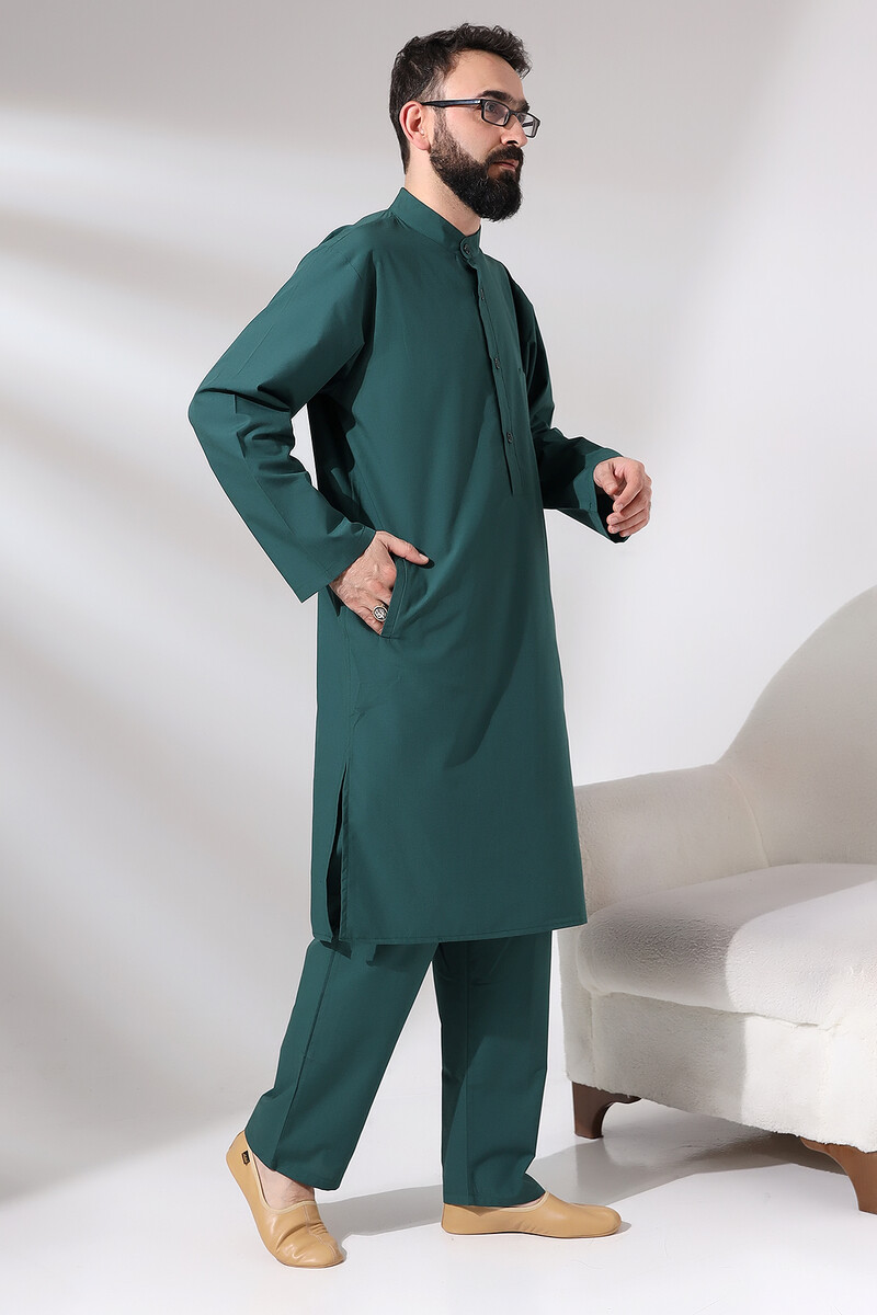 Men's Hajj and Umrah Clothing Double Bottom Top Afghan Suit Green - 2