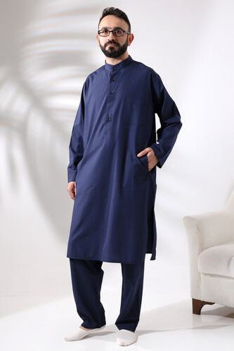 Men's Hajj and Umrah Clothing Double Bottom Top Afghan Suit Navy Blue - 1