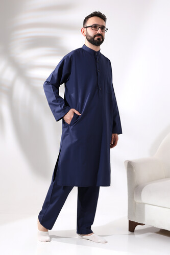 Men's Hajj and Umrah Clothing Double Bottom Top Afghan Suit Navy Blue - 2